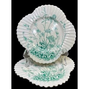 Wileman‎ Green Clover Alexandra Plate Set of 2 Gold Trim Fluted 7.5" c1890